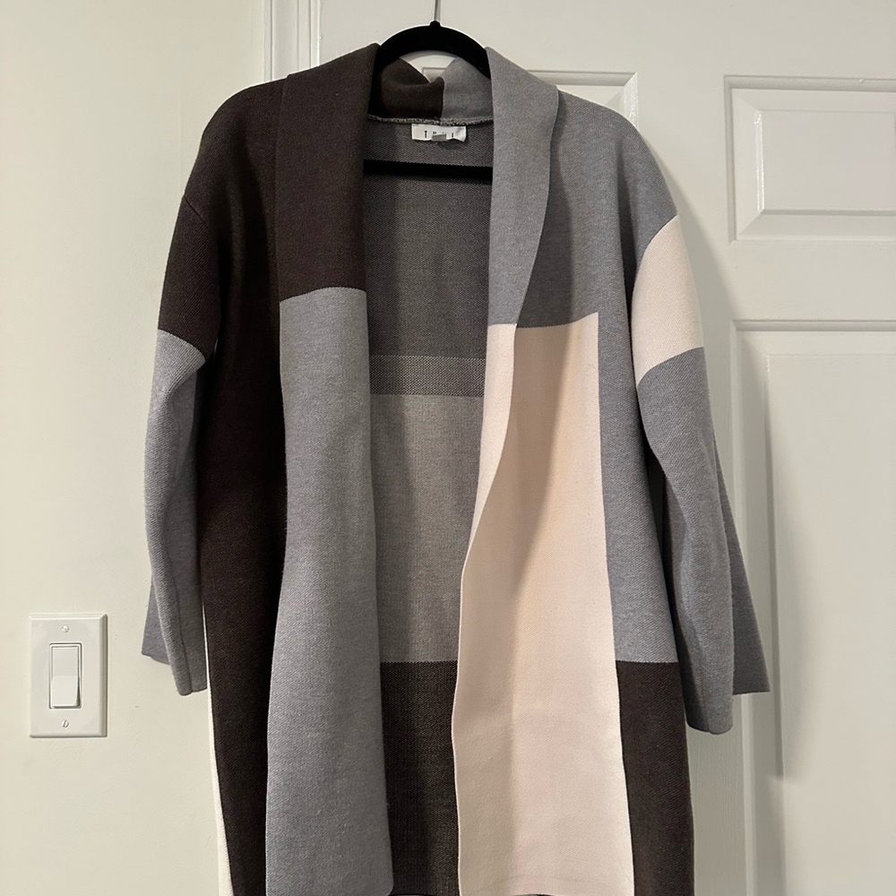 THML Colorblock Open Front Cardigan in Gray, Cream, and Brown
